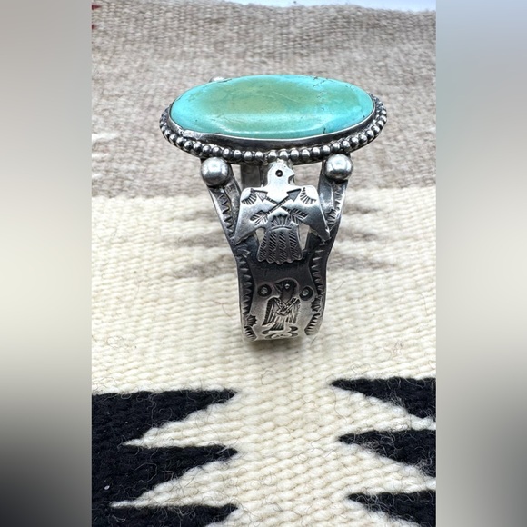 Navajo Native Fred Harvey Style Sterling Silver Turquoise Thunderbird Cuff 7" - Picture 6 of 7